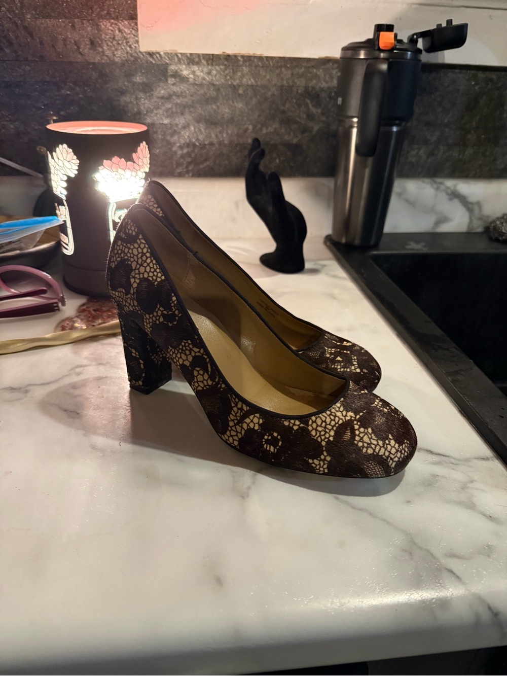 Talbots Brown Lace Overlay Block Heel Pumps